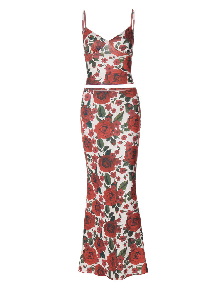 Women's 2-Piece Rose Print Maxi Skirt Set – Spaghetti Strap Crop Top & Flowy Long Skirt Outfit - Image 5
