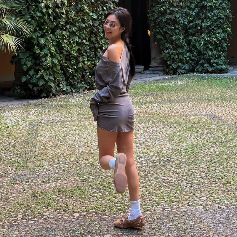 Women's Ruched Off-Shoulder Long Sleeve Mini Dress – Grey Cotton Casual Bodycon Dress - Image 5