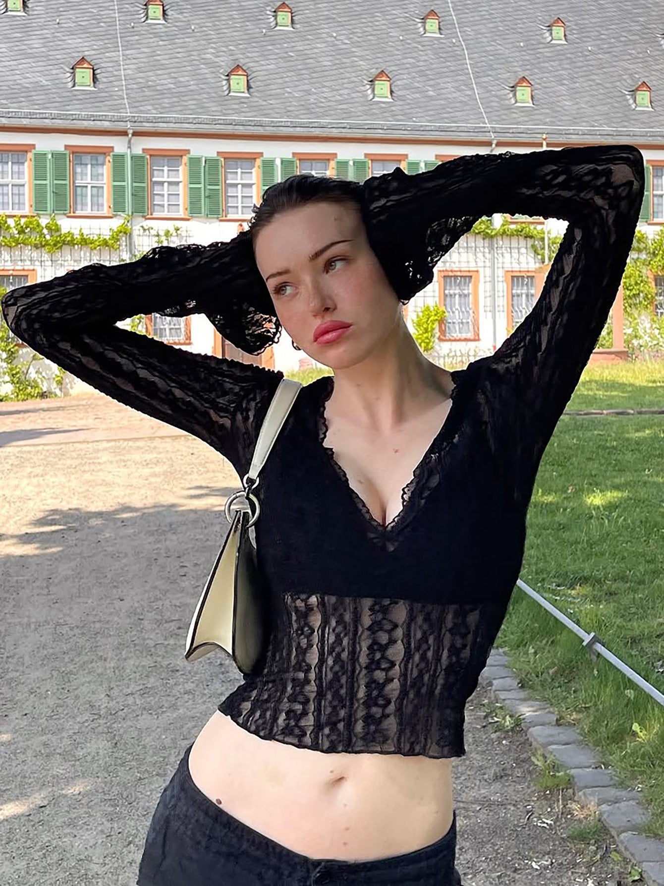Women's Sheer Black Lace Long Sleeve Top – V-Neck See-Through Floral Lace Blouse - Image 2
