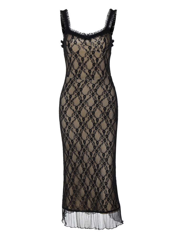 Women's Sheer Black Lace Midi Dress with Ruffle Hem – Nude Illusion Bodycon Slip Dress - Image 5