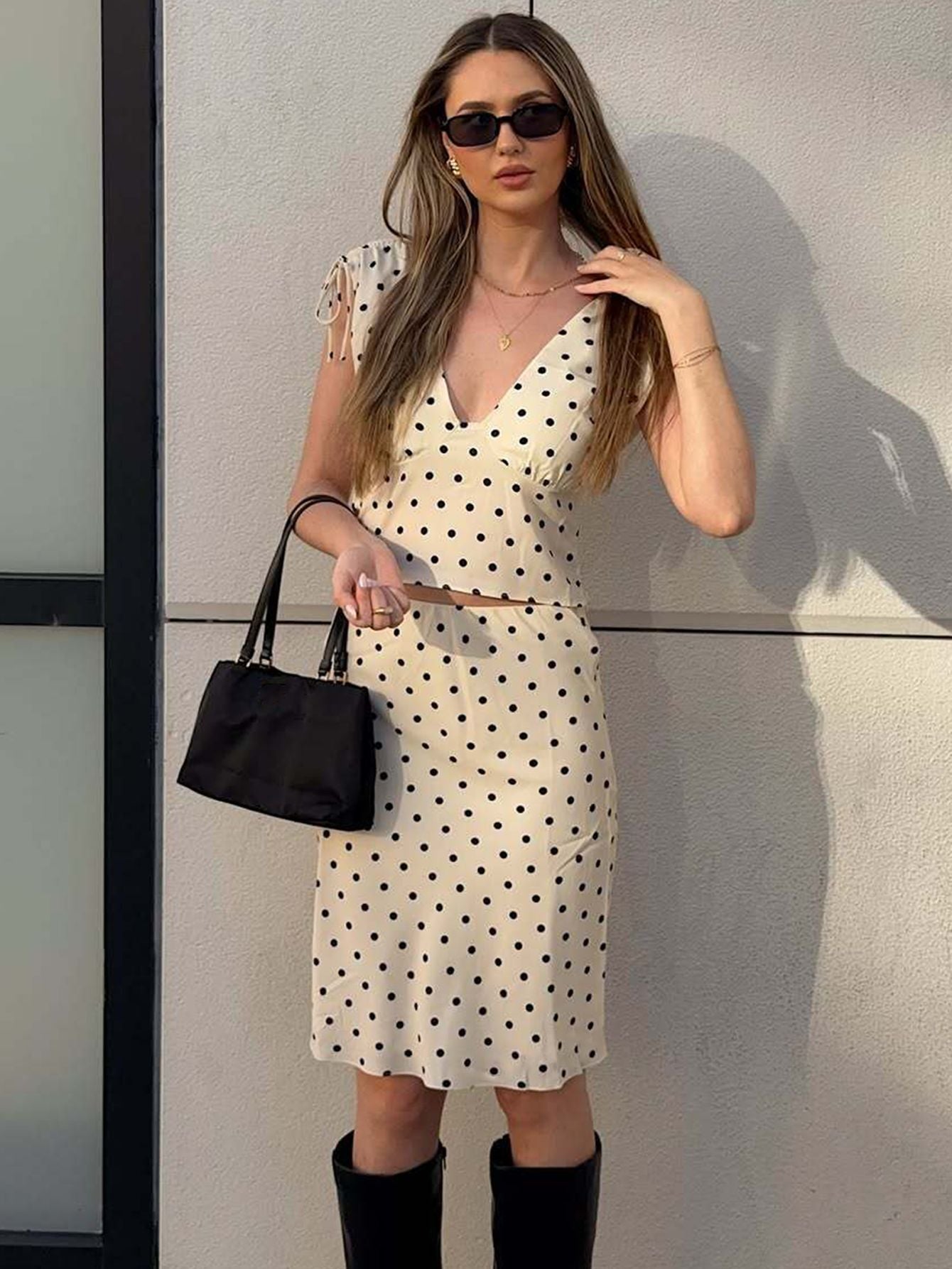 Women's 2-Piece Polka Dot Midi Skirt Set – V-Neck Crop Top & High-Waist Ruched Skirt Outfit - Image 3